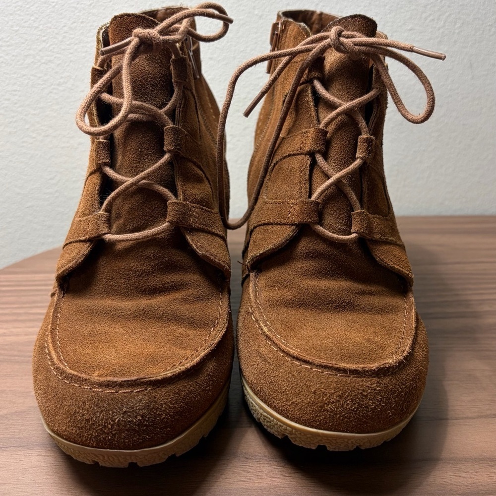 MIA Berdina Leather Wedge Ankle Boots Brown Suede Lace Up Side Zip Womens 9.5 - Picture 3 of 10